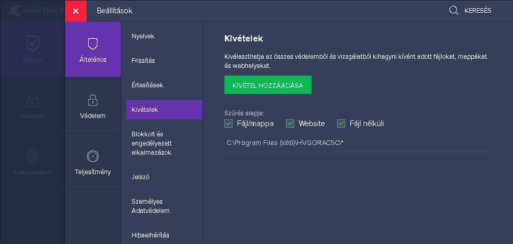 Avast Free Antivirus: Általános \ Kivételek
