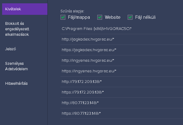 Avast Free Antivirus: Kivétel lista