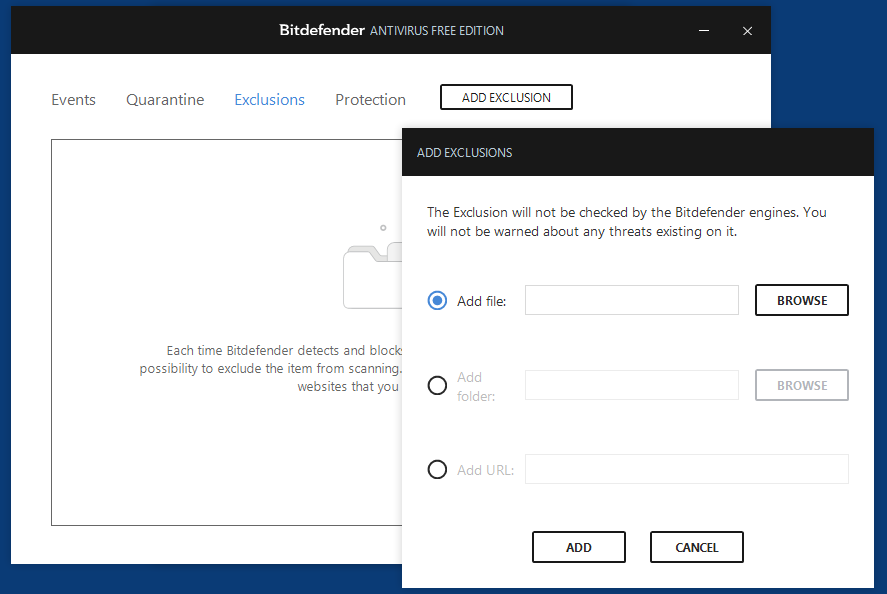BitDefender Free: Kivétel fájl hozzáadása
