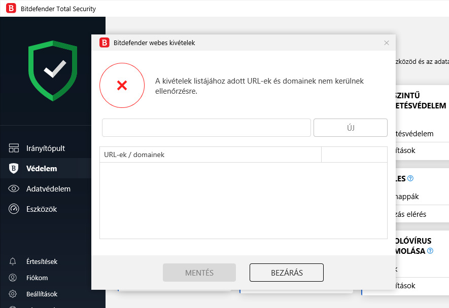 BitDefender Total Security 2020: Bitdefender webes kivételek ablak