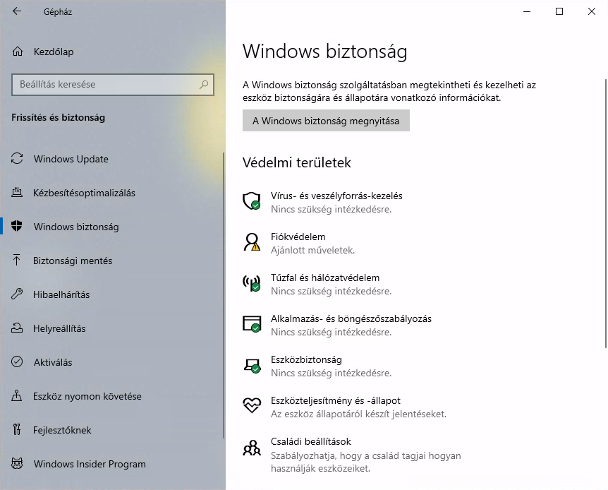 Windows Gépház: Vírus- és veszélyforrás-kezelés