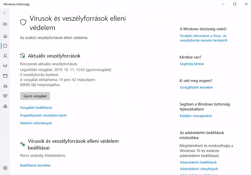 Windows Gépház: Vírusok és veszélyforrások elleni védelem beállításai