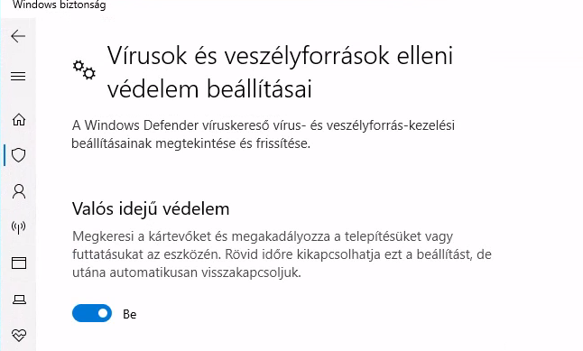 Vírusok és veszélyforrások elleni védelem beállításai