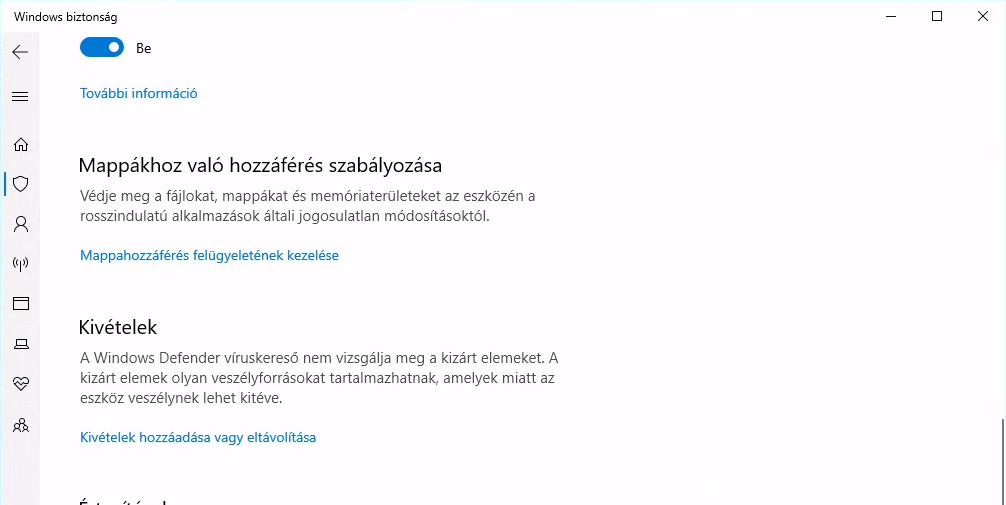 Vírusok és veszélyforrások elleni védelem beállításai: Kivételek
