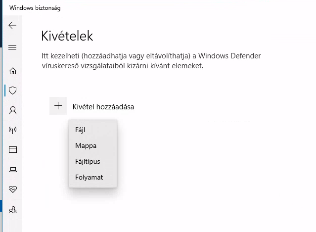 Vírusok és veszélyforrások elleni védelem beállításai: Kivétel hozzádása