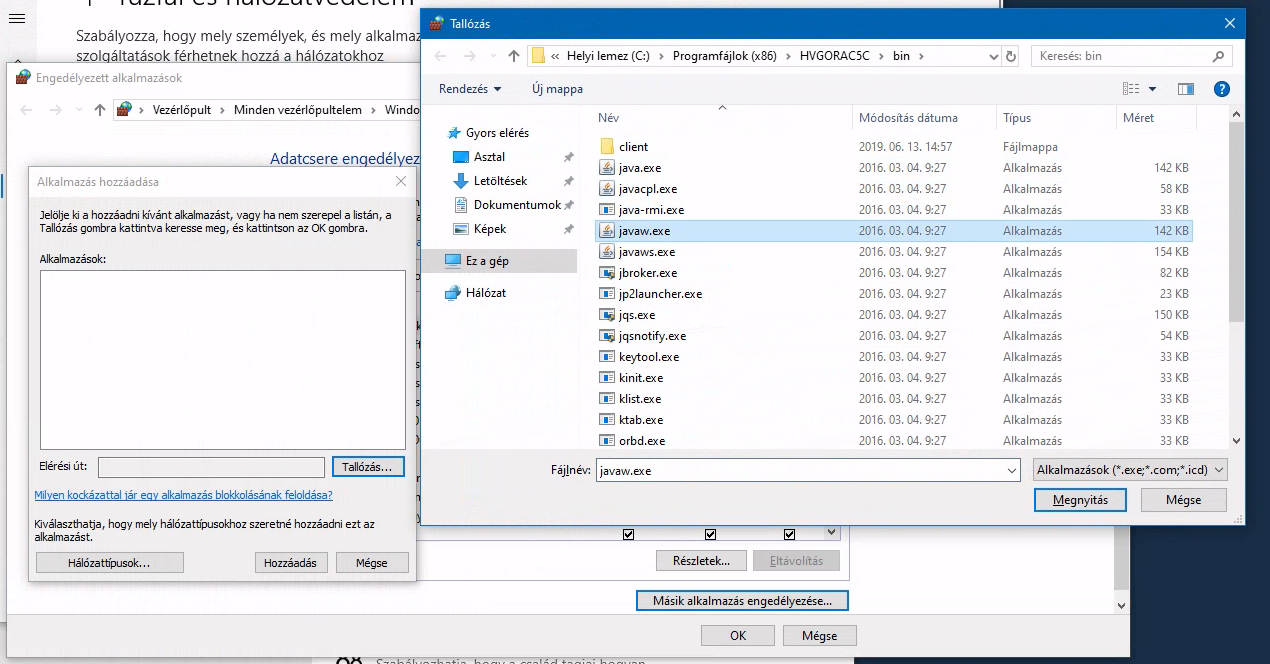 Tűzfal és hálózatvédelem: javaw.exe tallózása