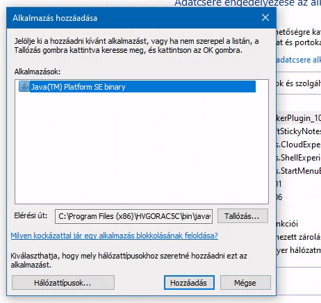 Tűzfal és hálózatvédelem: javaw.exe hozzáadása