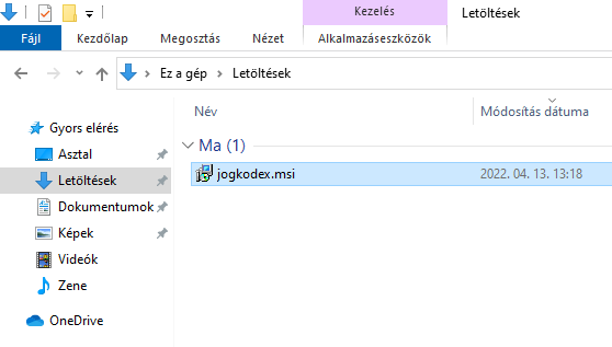 jogkodex.msi fájl megnyitása