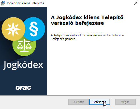 Jogkódex telepítő: Telepítés befejezése