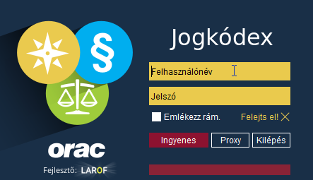 Jogkódex bejelentkezési képernyő